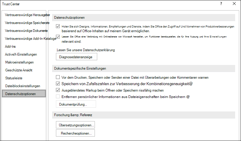 Datenschutzoptionen für Office Trust Center