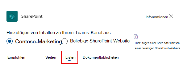 Wählen Sie Listen aus, um Ihrem Teams-Kanal Listen hinzuzufügen.