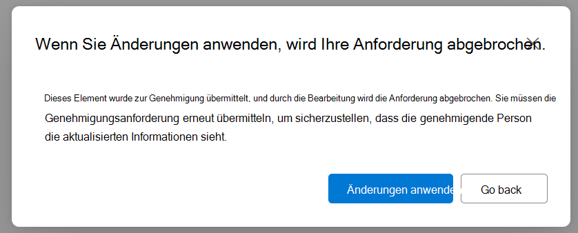 Dialogfeld zum Warnen des Benutzers, dass Updates die Genehmigung zurücksetzen status