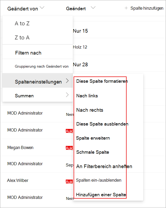 Screenshot: Spalteneinstellungen in einer Liste, die Sie zum Ändern Ihrer Liste verwenden können