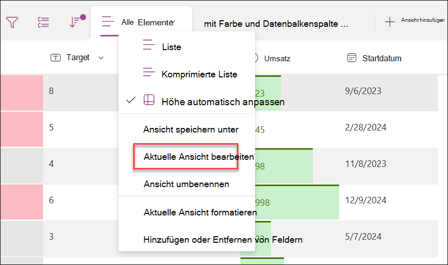 Screenshot der Auswahl der aktuellen Ansicht bearbeiten