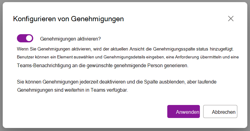 Screenshot: Dialogfeldoption zum Aktivieren von Genehmigungen
