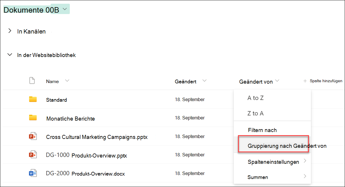 Screenshot der Gruppierung nach Spaltenname