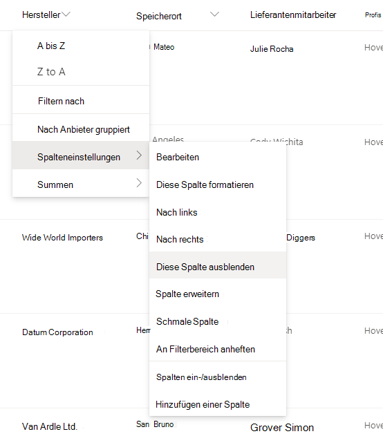 Spalteneinstellungen > Diese Spaltenoption ausblenden, wenn eine Spaltenüberschrift in einer modernen SharePoint-Liste oder -Bibliothek ausgewählt ist