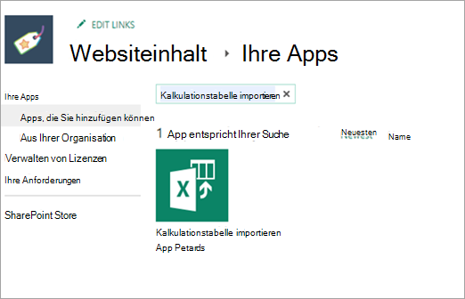 Screenshot: Importieren einer Kalkulationstabelle in Apps, die Sie hinzufügen können
