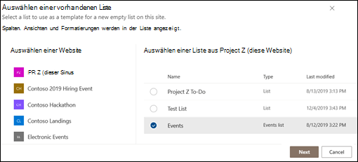 Auswählen einer vorhandenen Liste