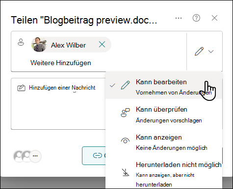 Select a permission setting for people invited to share a document