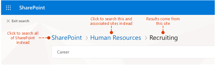 Screenshot, der zeigt, woher die Ergebnisse stammen und alternative Orte für die Suche