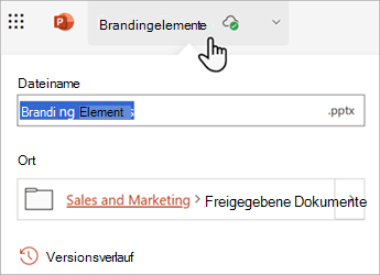 Screenshot, der zeigt, wie Sie auf einen Dateinamen klicken können, um ihn in einer Office-Web-App umzubenennen.