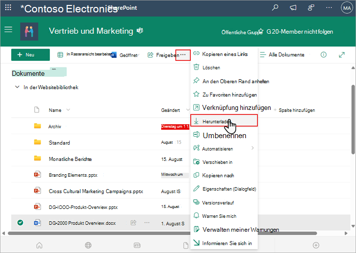Verwenden Sie den Befehl SharePoint-Download, um eine lokale Kopie einer Datei oder eines Ordners herunterzuladen und zu speichern.