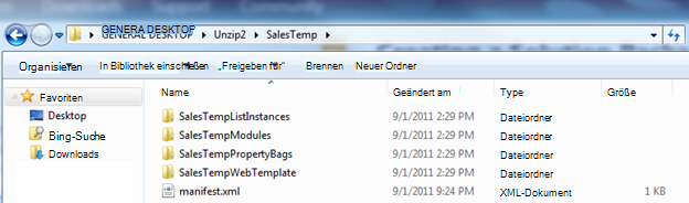Screenshot von Windows-Explorer mit einem entpackten Weblösungspaket (WSP)