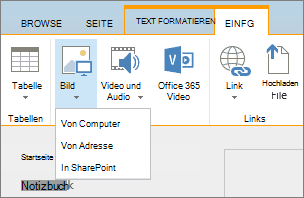 Screenshot des SharePoint Online-MenübandsWählen Sie die Registerkarte 