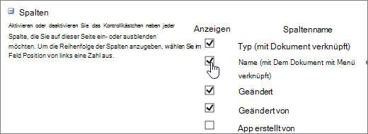 Dialogfeld zur Spaltenauswahl