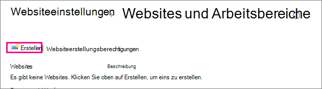 Der Links zum Erstellen von Websites im Dialogfeld 