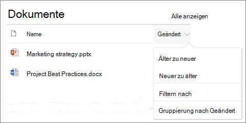 Dokumentbibliothek-Webpart mit Sortier-, Filter- und Gruppenmenü