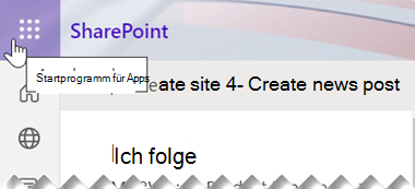 Das Symbol für das App-Startfeld besteht aus neun kleinen quadratischen Punkten in der Nähe der oberen rechten Ecke des SharePoint-App-Fensters.
