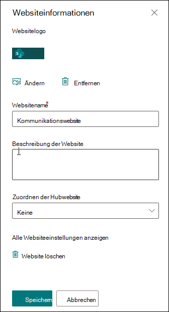 Bereich der SharePoint-Websiteinformationen