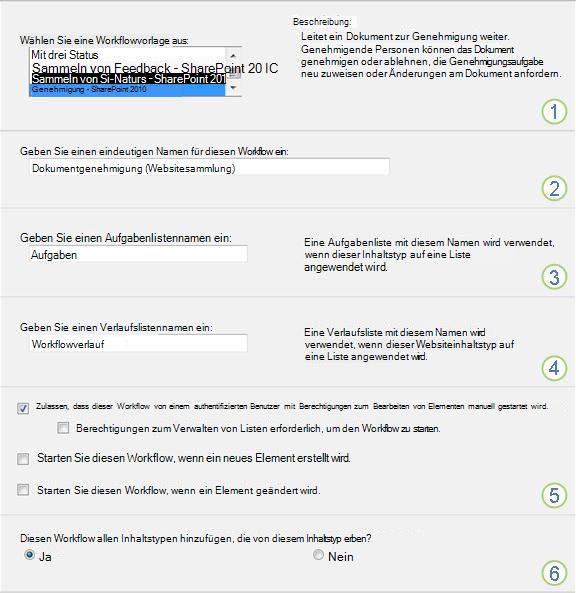 Seite für die Workfloweinrichtung