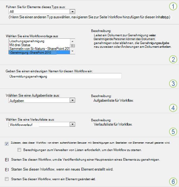 Grundlegende Informationen beim Hinzufügen eines Workflows mit Hervorhebung der Abschnitte