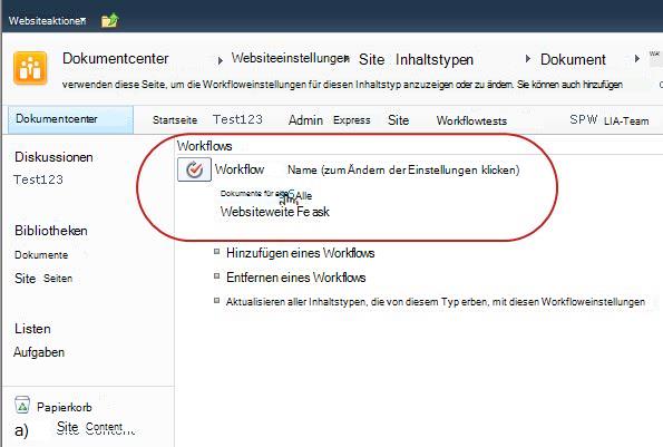 Link zum Ändern von Workfloweinstellungen