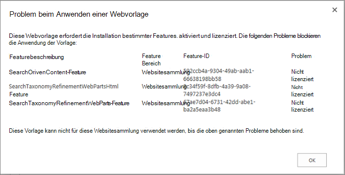 Screenshot einer Fehlermeldung: Es wird der Fehler angezeigt, den Sie möglicherweise erhalten, wenn nicht verfügbare Features die Websiteerstellung in SharePoint verhindern.