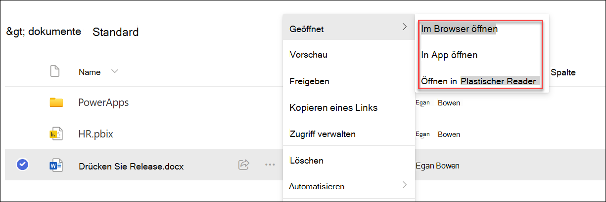 Screenshot der drei geöffneten Optionen für ein Dokument.
