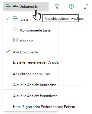 Viele Listen verfügen über andere Ansichten, die Sie über das Menü Ansichtsoptionen auswählen können.