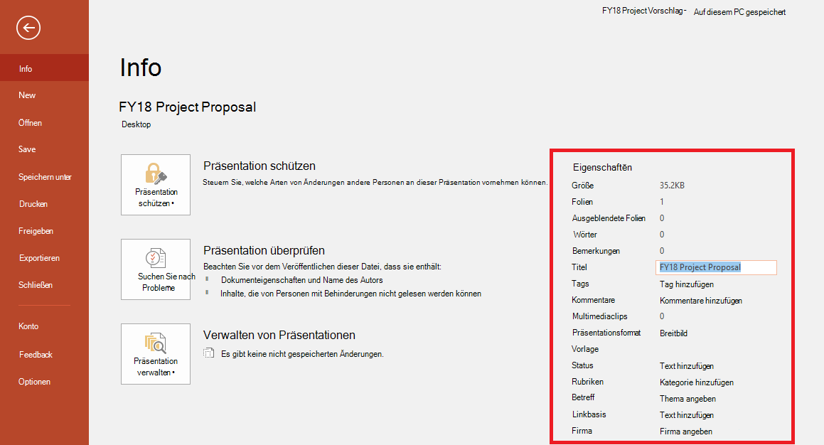 Office-Dokumenteigenschaften – Datei > Infobereich