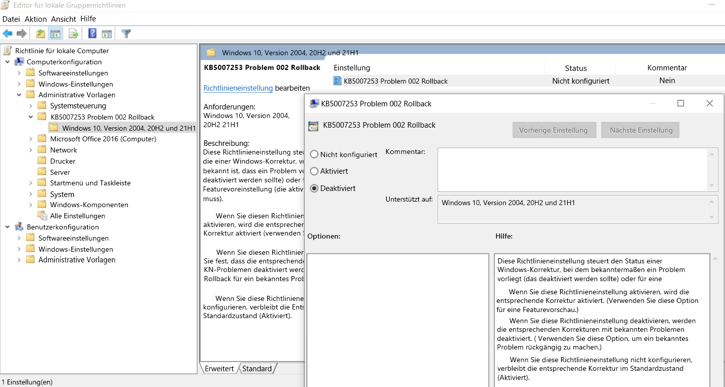 Rollback des Editors für lokale Gruppenrichtlinien KB5007253