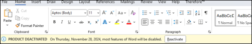 Microsoft 365-Deaktivierungsfehlerbanner
