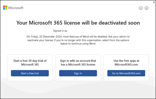 Microsoft 365-Deaktivierungsfehleroptionen