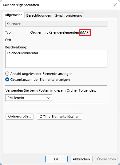 Bild zeigt das Fenster mit den Outlook-Besprechungseigenschaften „m a p i“ in einem roten Kreis.
