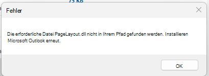 Screenshot der Fehlermeldung: Die erforderliche Datei PageLayout.dll wurde nicht gefunden