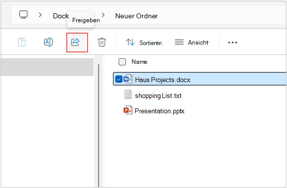 Screenshot: Freigeben einer Datei im Datei-Explorer