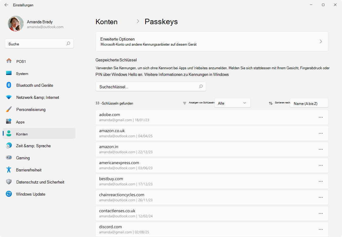 Screenshot der Kennungen für Einstellungen > .