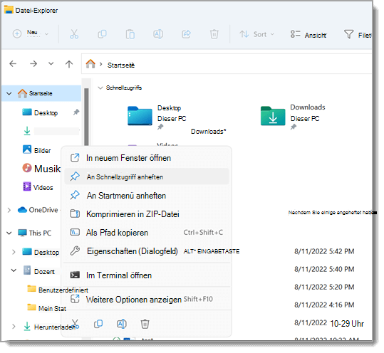Zeigt Explorer an, wobei das Kontextmenü für eine Datei geöffnet ist. An Schnellzugriff anheften ist im Menü hervorgehoben.