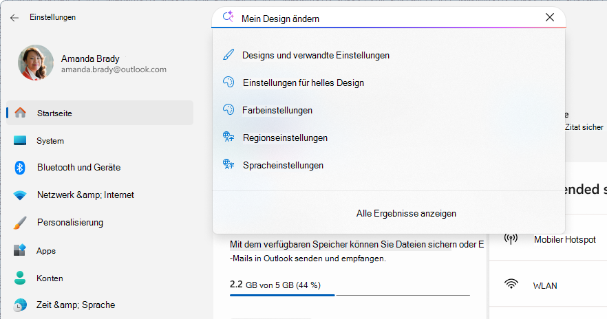 Screenshot einer Suche in den Einstellungen.
