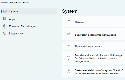Zeigt die Hauptseite für Windows-Subsystem für Android (TM) an.