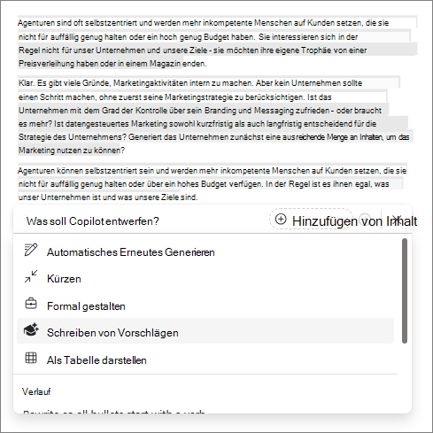 Option zum Schreiben von Vorschlägen in Copilot in Word