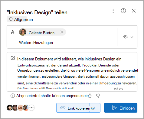 Freigeben eines Word Dokuments mit einer von Copilot erstellten Zusammenfassung in Microsoft Word für das Web.
