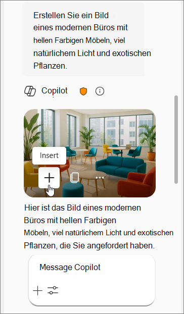 Zeigt einen Copilot-Prompt für ein Bild eines modernen Büros mit farbigen Möbeln, natürlichem Licht und exotischen Pflanzen, gefolgt von vier Bildern.