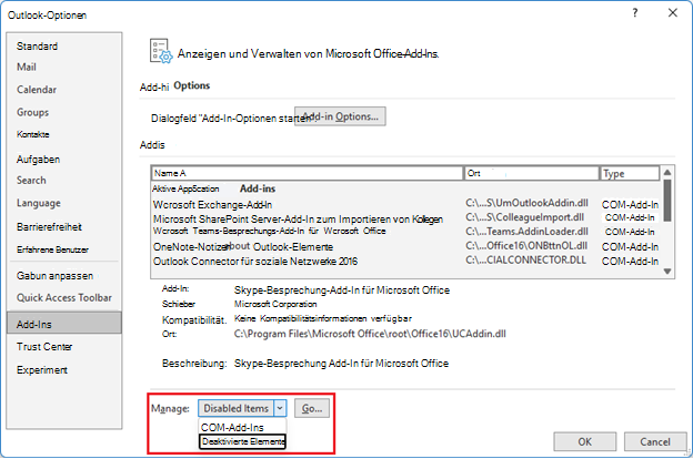 Screenshot des Outlook-Optionsfensters