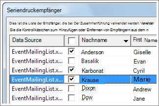 Auswählen von Zeilen durch Aktivieren des Kontrollkästchens
