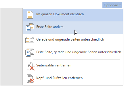 Abbildung des Menüs 'Optionen' für 'Kopf- und Fußzeile' in Word Online