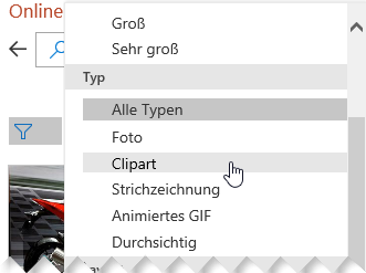 Verwenden Sie den Typfilter, um Ihre Auswahl auf ClipArt-Objekte einzugrenzen.