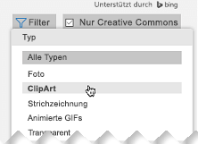 Öffnen Sie den Filter  und wählen Sie unter „Typ“ die Option ClipArt aus.