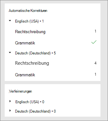 Korrekturen und Verfeinerungen werden im Editor-Fenster pro Sprache aufgelistet.