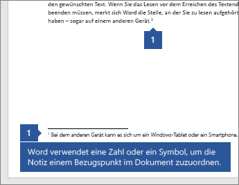 Word verwendet eine Zahl oder ein Symbol, um die Notiz einem Bezugspunkt im Dokument zuzuordnen.