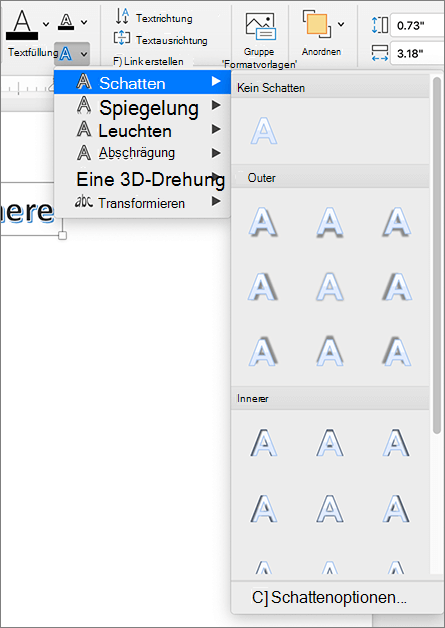 WordArt-Schattenoptionen