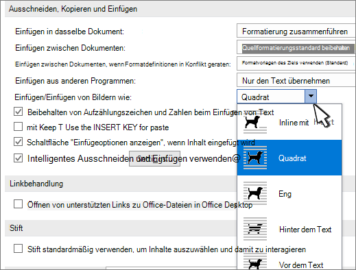 Festlegen des Standardtextumbruchs für Bilder